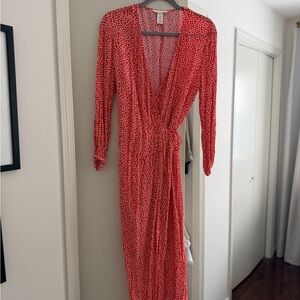 H&M Red Floral Long Sleeve Wrap Dress